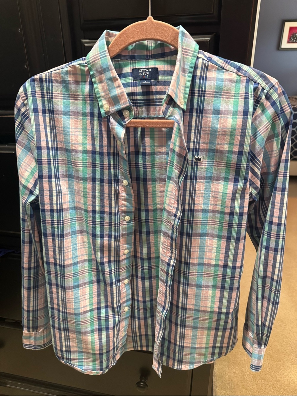 Crown & Ivy Boys Blue Green Plaid Button-Down Shirt